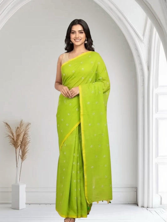 Parrot Green Colour Khadi Cotton Saree