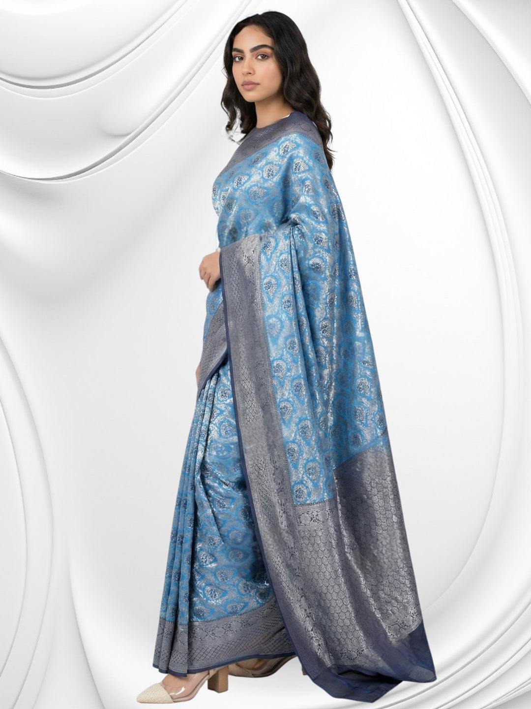 Light Blue and Navy Blue Banarasi Fancy Saree