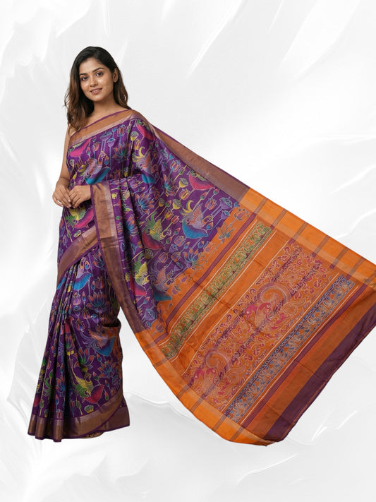 Violet Colour Kalamkari Print Soft Art Silk Saree
