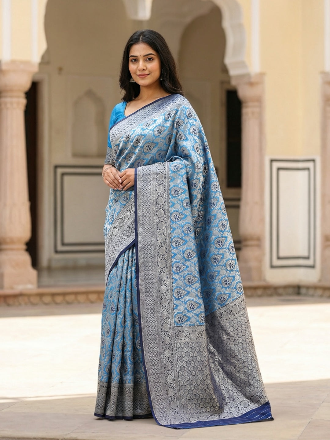 Light Blue and Navy Blue Banarasi Fancy Saree
