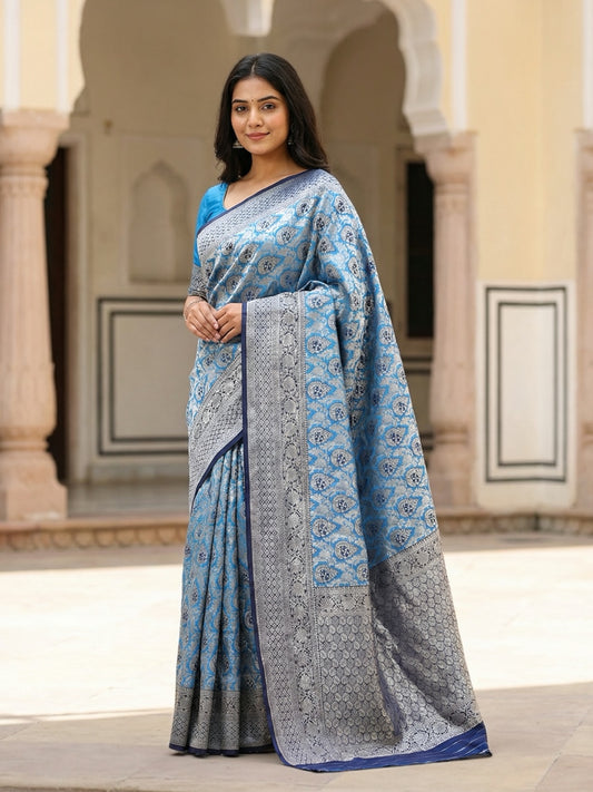 Light Blue and Navy Blue Banarasi Fancy Saree