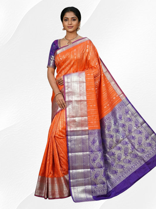 Orange and Blue Colour Soft Pattu Saree