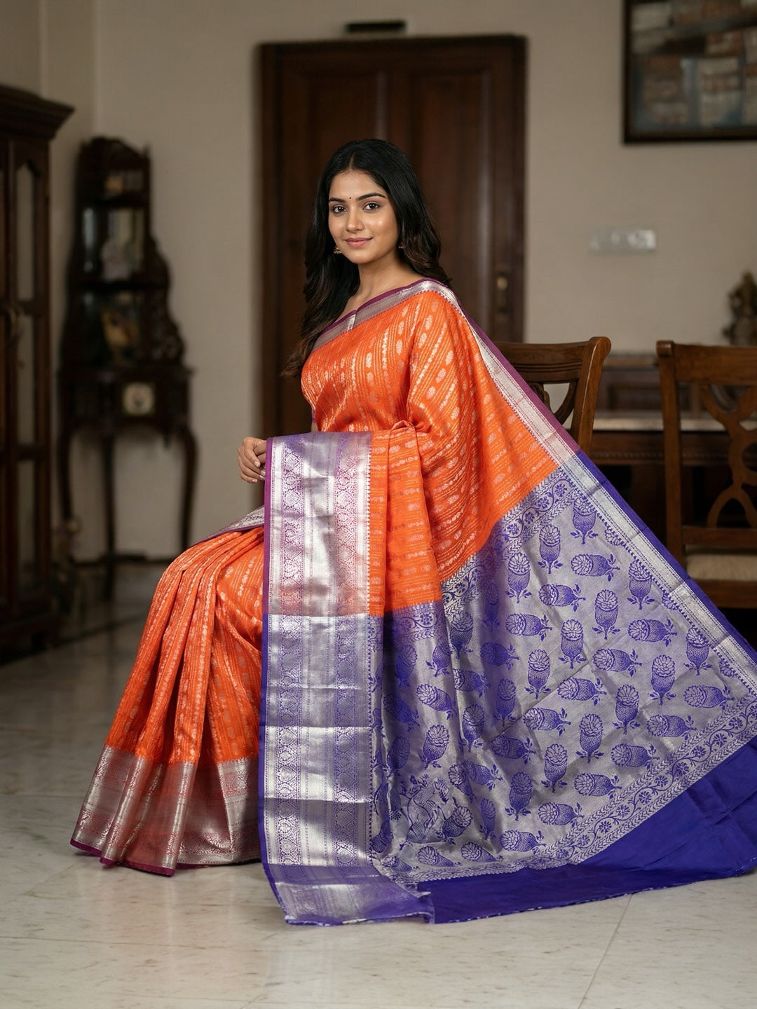 Orange and Blue Colour Soft Pattu Saree