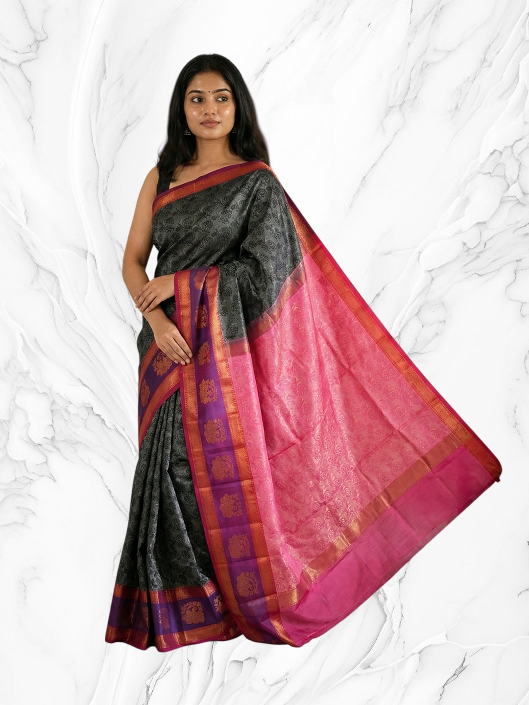 Grey and Navy Blue 3D Art Silk Saree