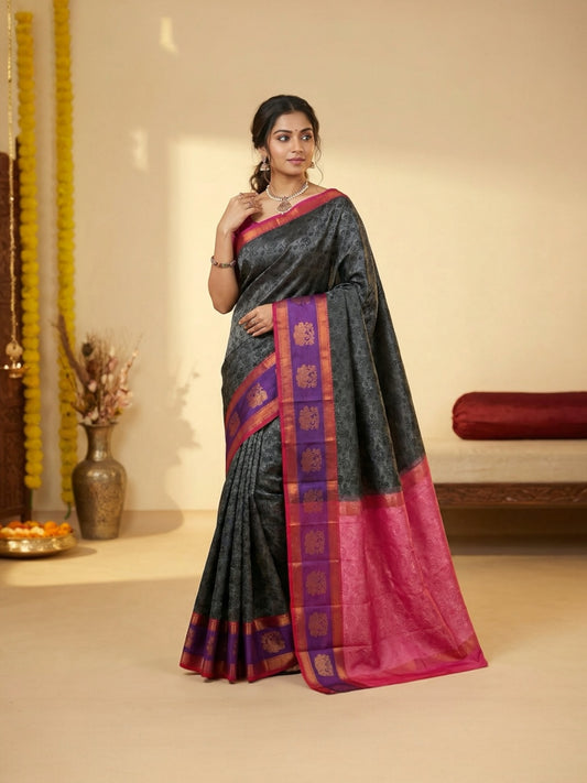 Grey and Navy Blue 3D Art Silk Saree