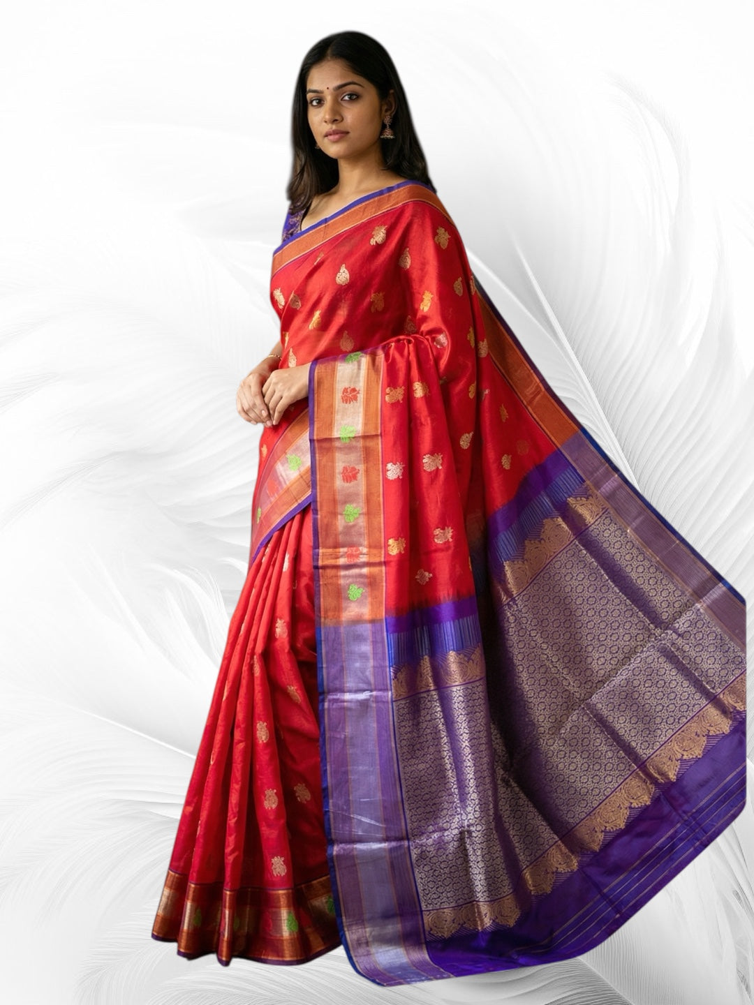 Venkatagiri Grandeur Red & Deep Violet Cotton Pattu Saree