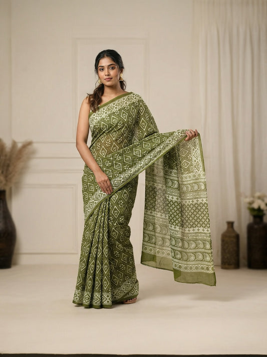 Green Printed Daily Wear Cotton Saree – Comfortable & Elegant