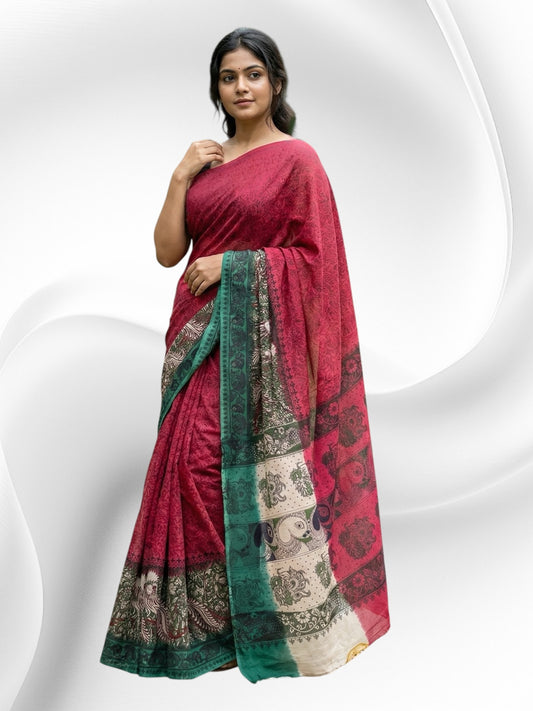 Pink and Green Colour Kalamkari Print Cotton Saree