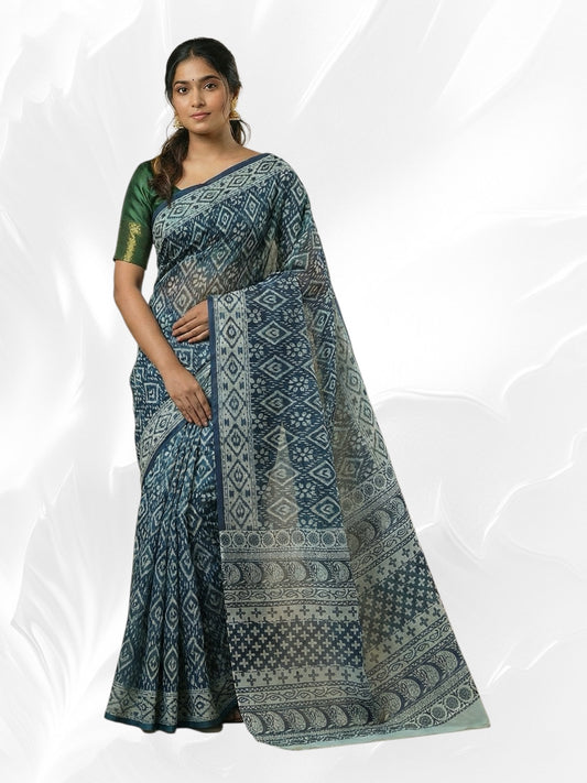 Navy Blue Floral Daily Wear Cotton Saree – Lightweight & Breathable