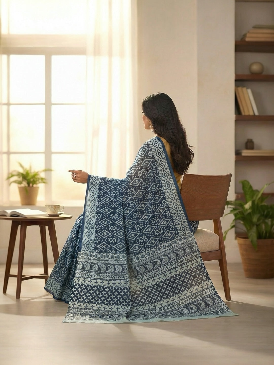 Navy Blue Floral Daily Wear Cotton Saree – Lightweight & Breathable