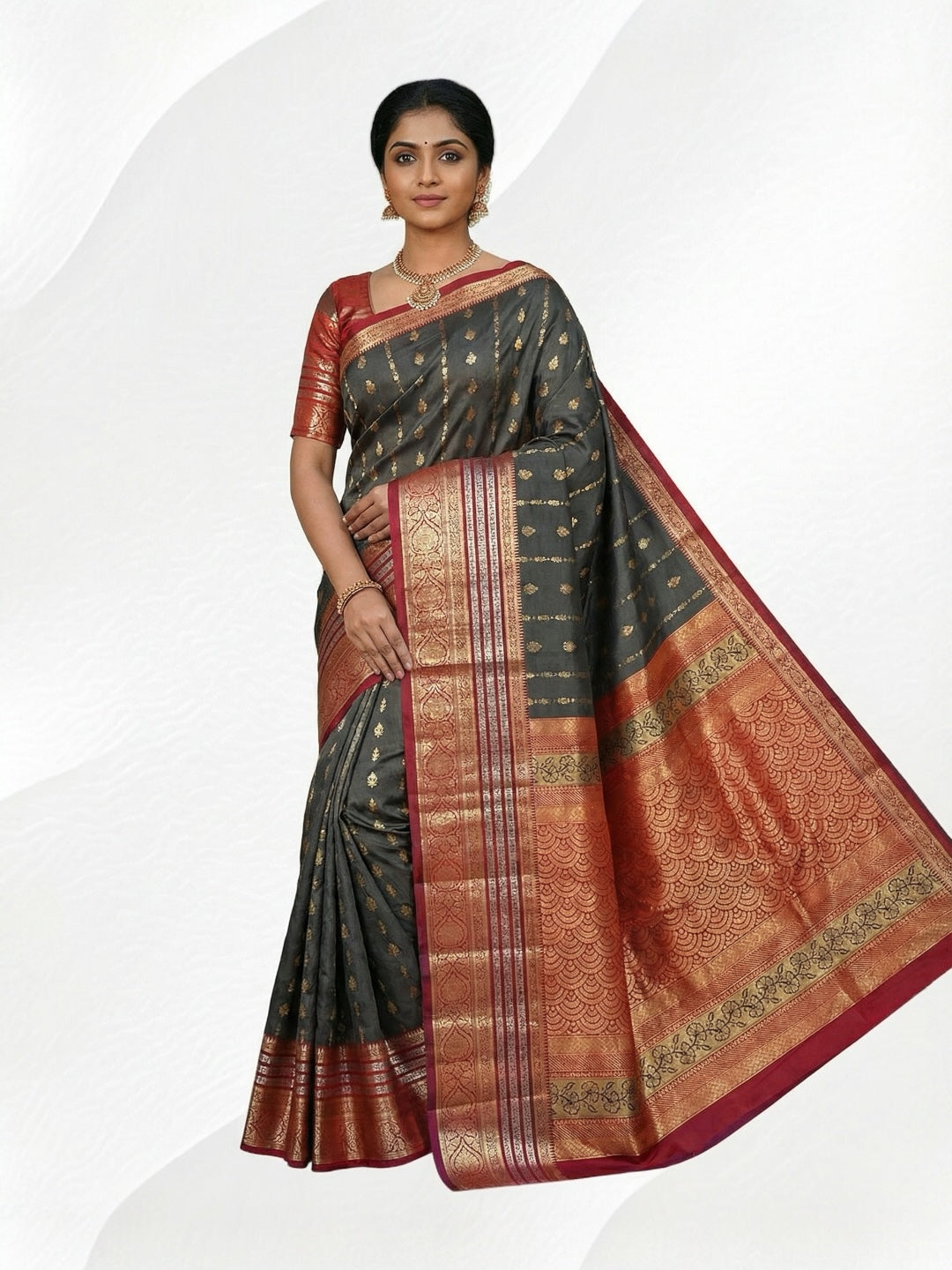 Grey and Maroon Colour Soft Pattu Saree