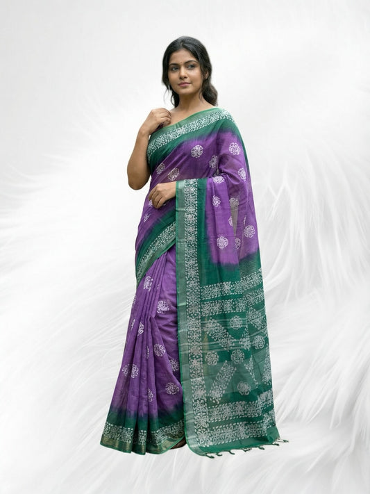 Purple and Green Colour Soft Lenin Saree