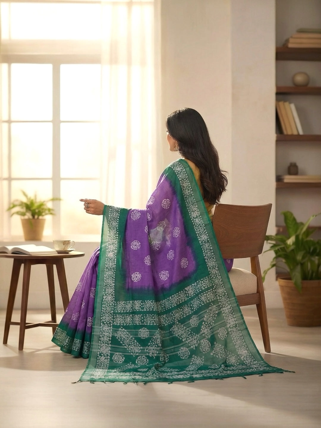 Purple and Green Colour Soft Lenin Saree