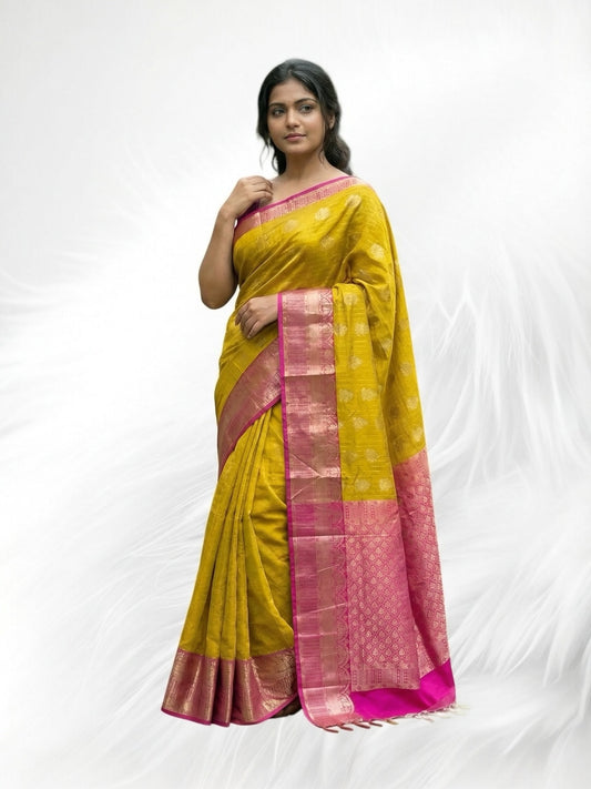 Mustard Yellow and Pink Colour Banarasi Soft Pattu Saree