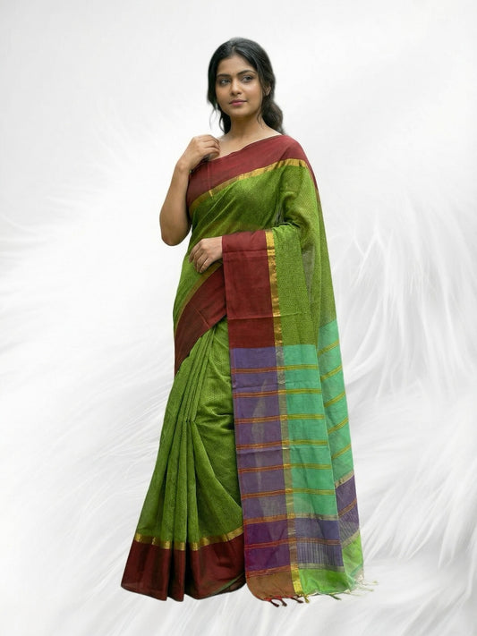 Green and Red Colour Handloom Cotton Saree