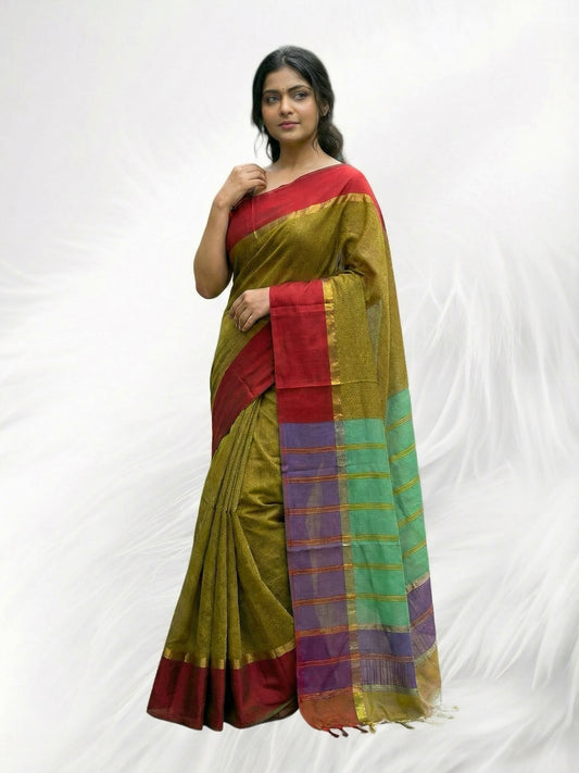 Green and Red Colour Handloom Cotton Saree
