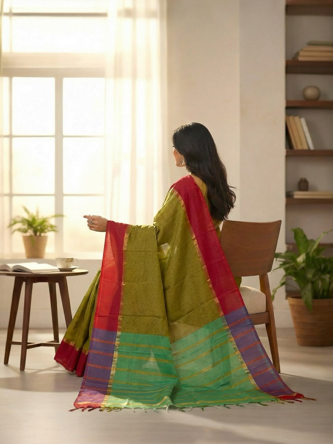 Green and Red Colour Handloom Cotton Saree