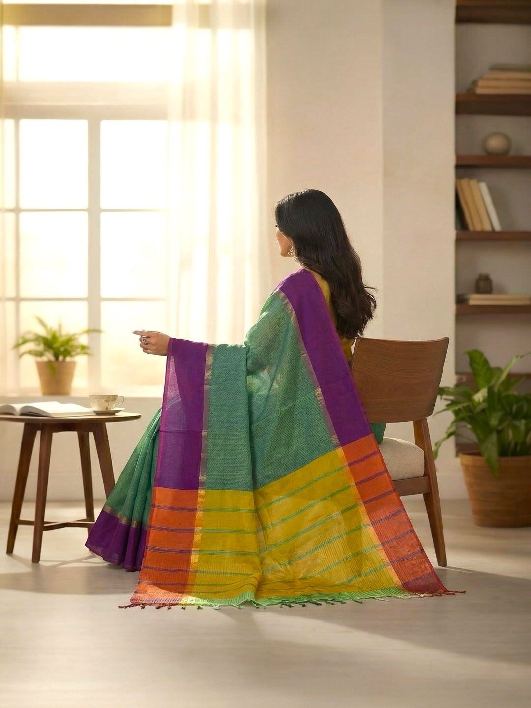 Green and Magenta Pink Colour Handloom Cotton Saree