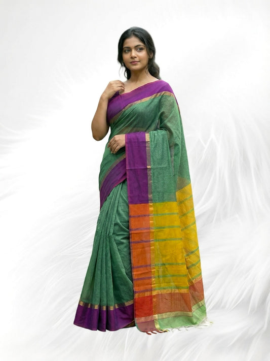 Green and Magenta Pink Colour Handloom Cotton Saree