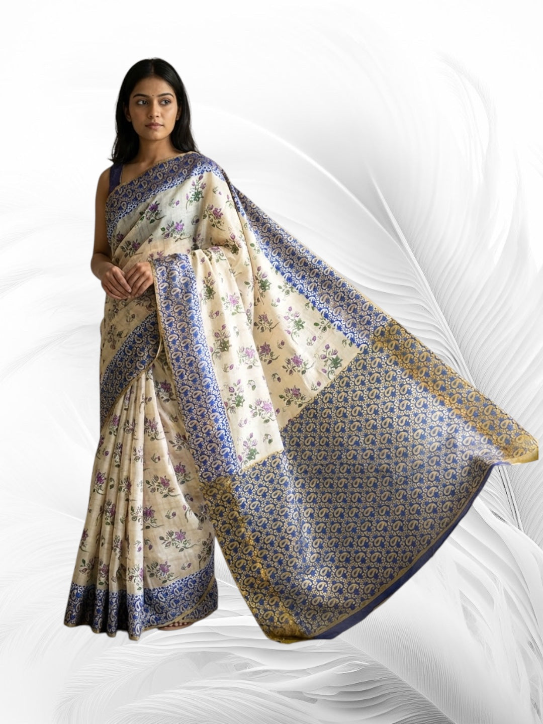 White and Blue Colour Kalamkari Print Handloom Cotton Saree