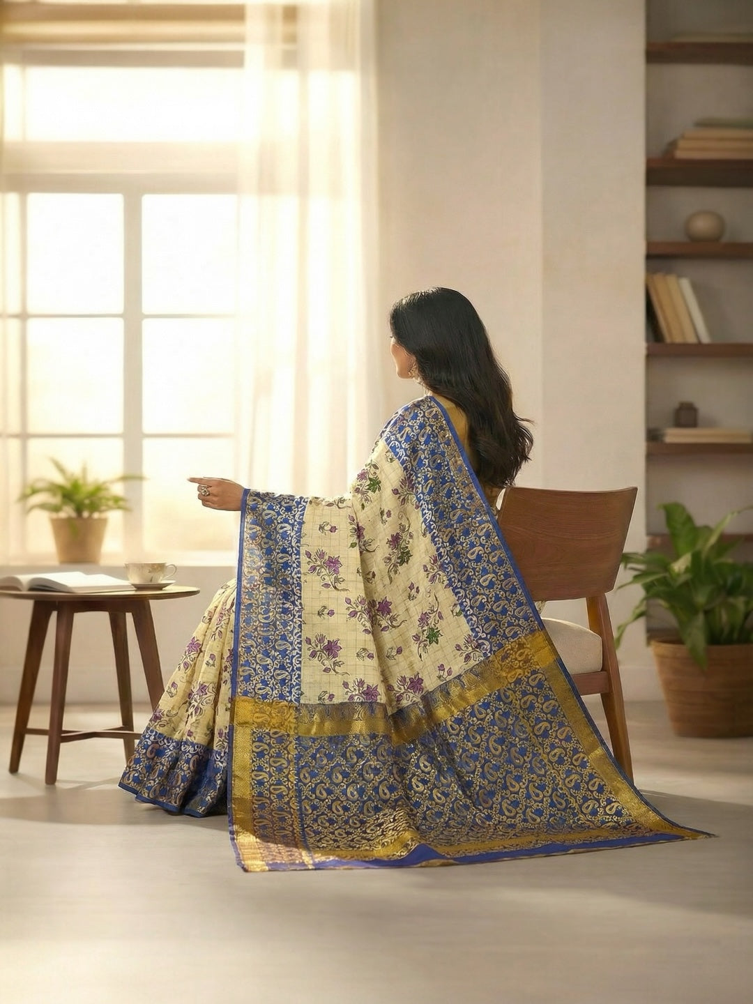White and Blue Colour Kalamkari Print Handloom Cotton Saree