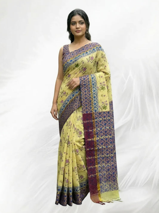 Cream and Blue Colour Kalamkari Print Handloom Cotton Saree
