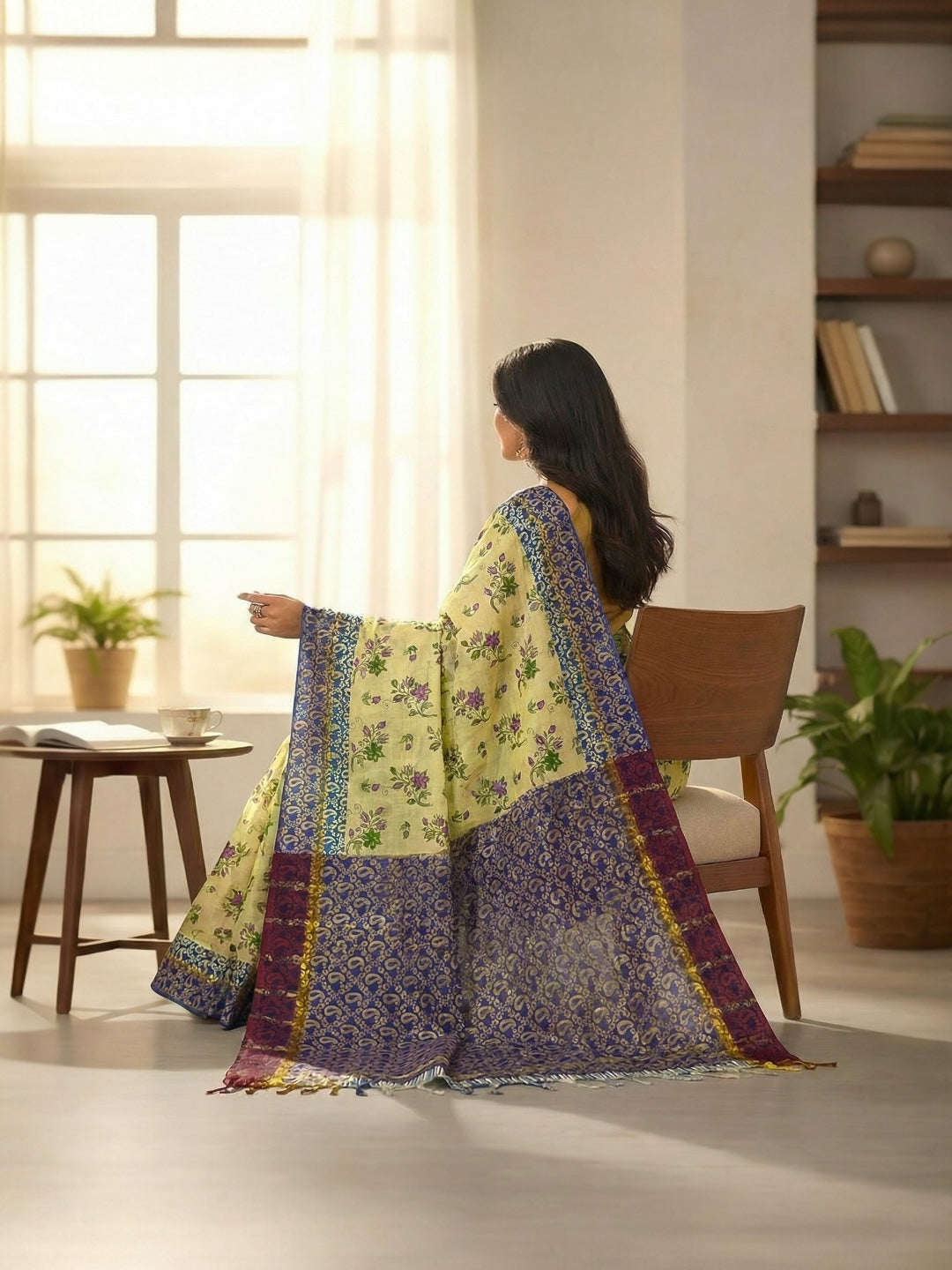 Cream and Blue Colour Kalamkari Print Handloom Cotton Saree