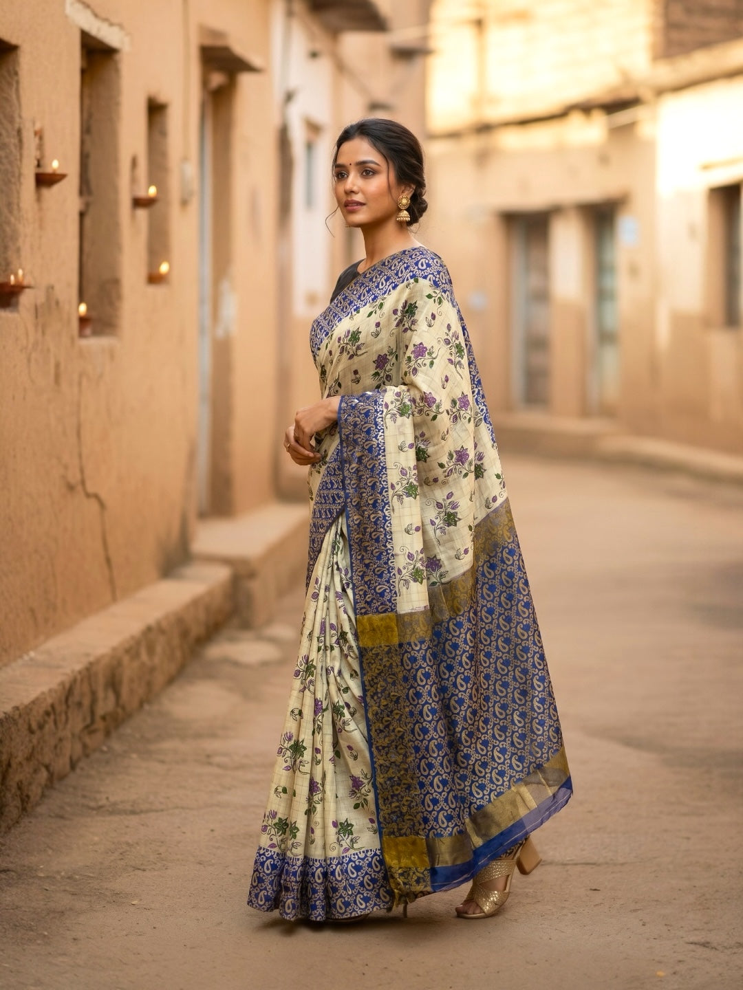 White and Blue Colour Kalamkari Print Handloom Cotton Saree