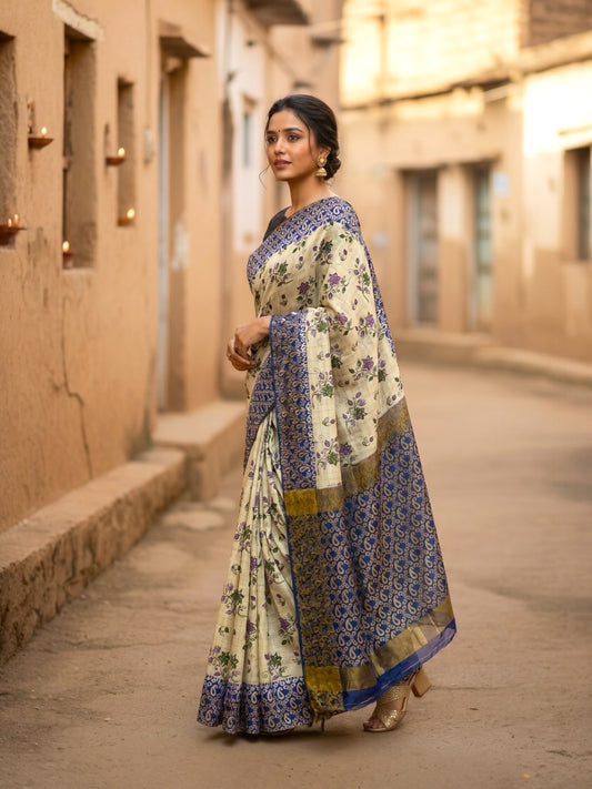 White and Blue Colour Kalamkari Print Handloom Cotton Saree