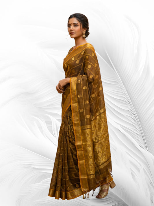 Venkatagiri Handloom Brown & Mustard Yellow Cotton Saree