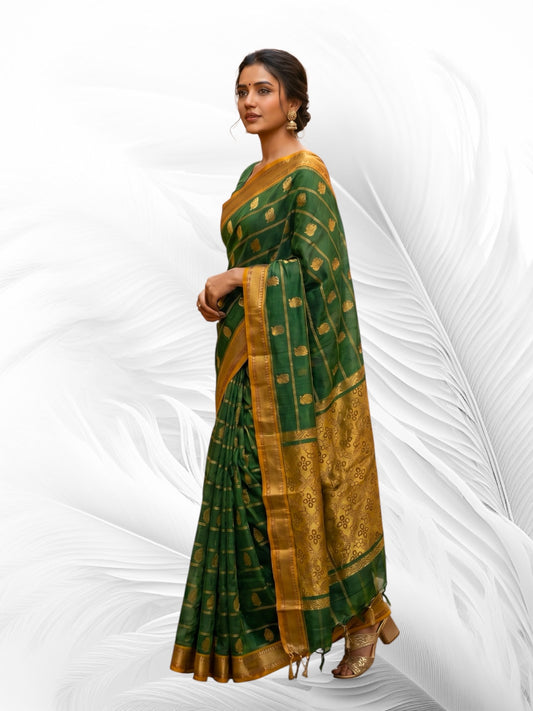 Venkatagiri Handloom Deep Green & Mustard Yellow Cotton Saree