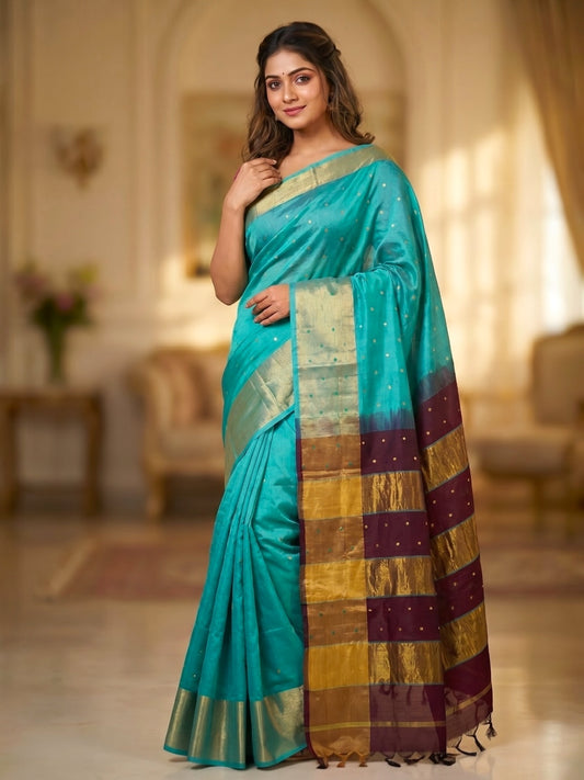 Venkatagiri Light Green & Brown Cotton Pattu Saree