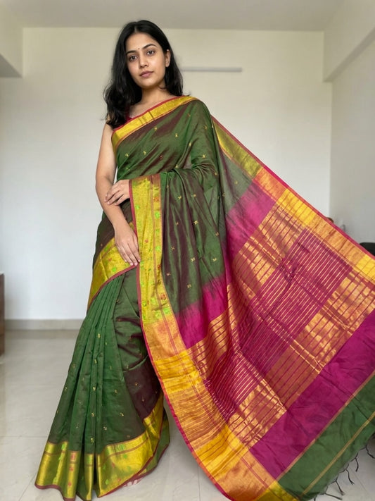 Venkatagiri Bottle Green & Red Cotton Pattu Saree