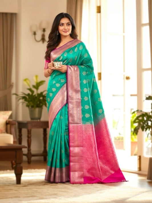 Teal Blue and Pink Colour Banarasi Soft Pattu Saree