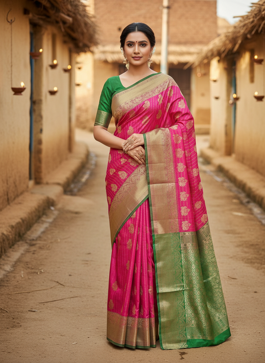 Pink and Green Colour Banarasi Soft Pattu Saree