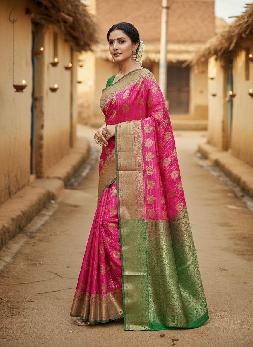 Pink and Green Colour Banarasi Soft Pattu Saree