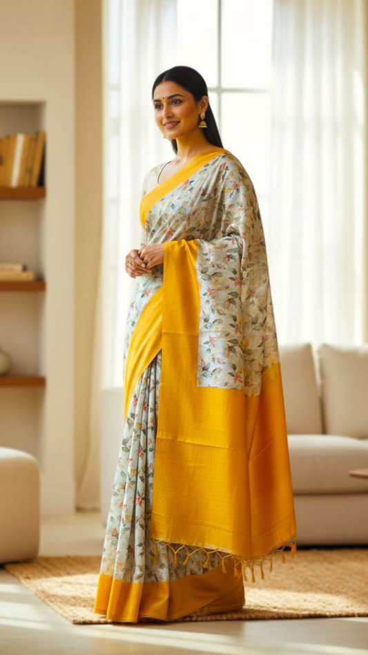 Wheat and Yellow Colour Digital Printed Saree