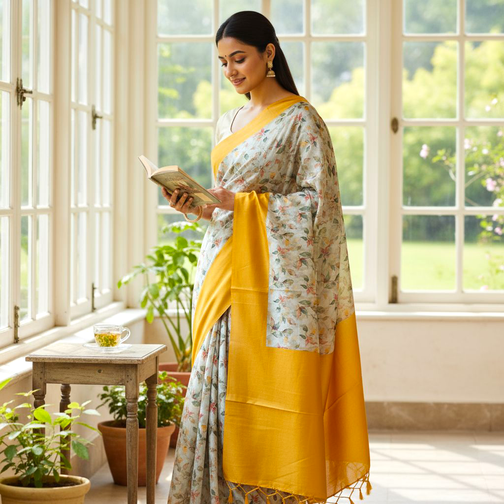 Wheat and Yellow Colour Digital Printed Saree
