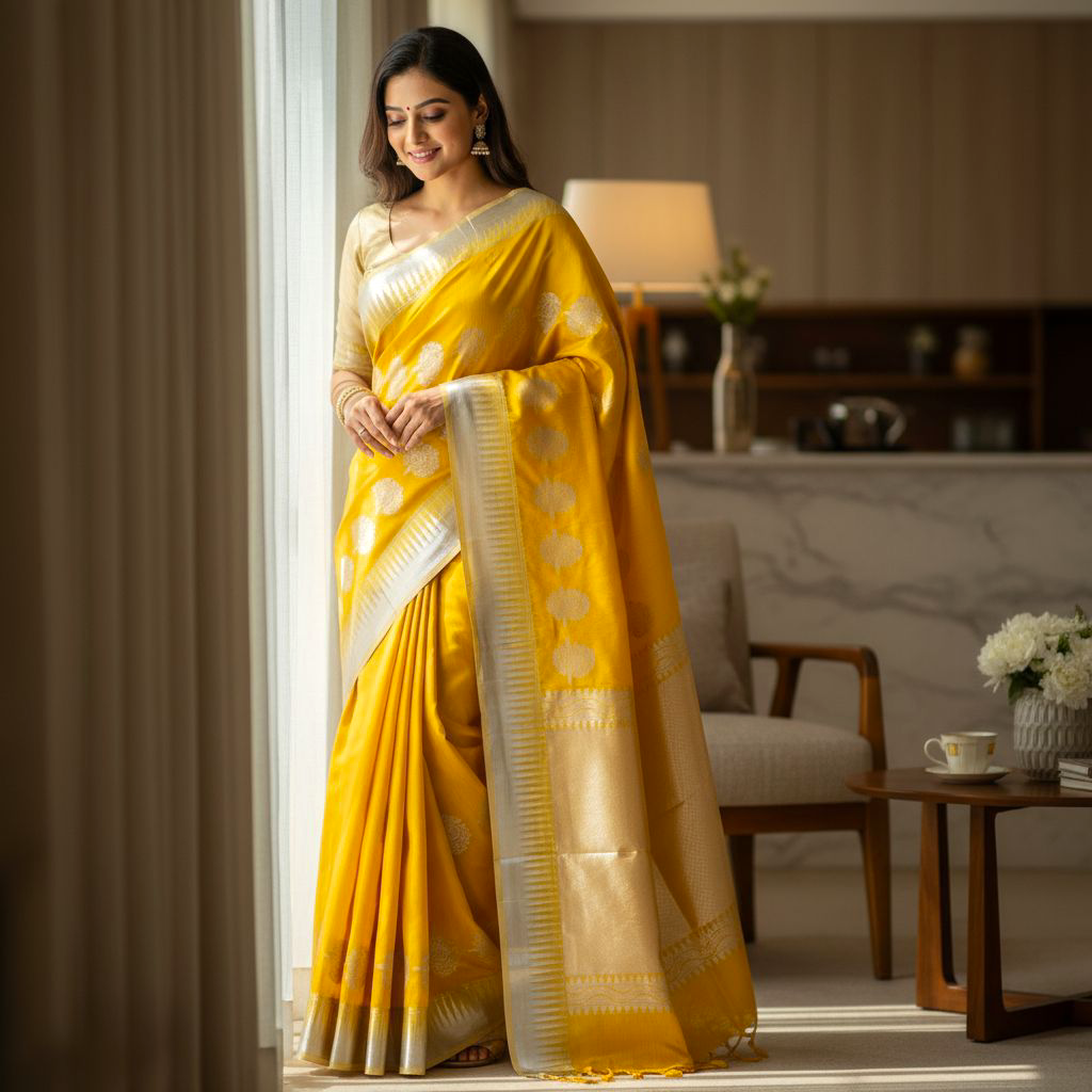 Mango Yellow Colour Handloom Cotton Saree