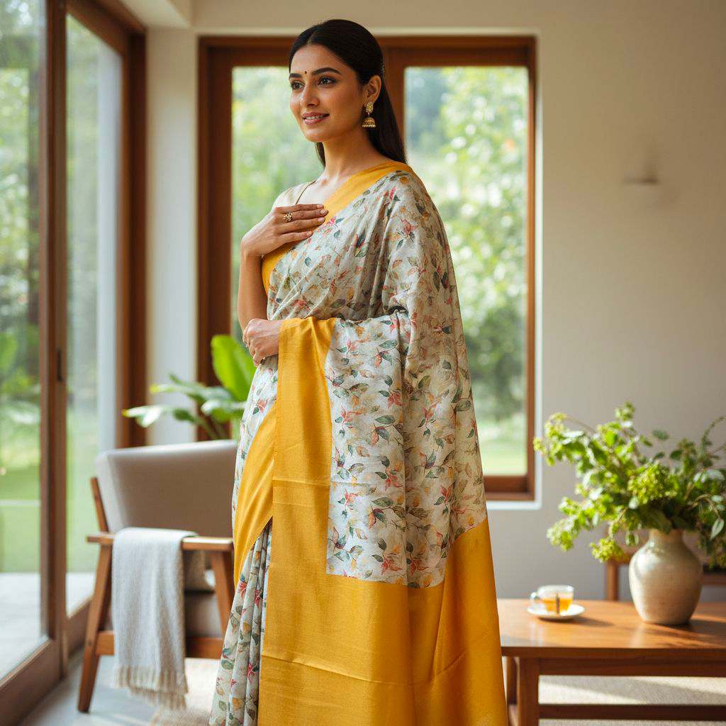 Wheat and Yellow Colour Digital Printed Saree