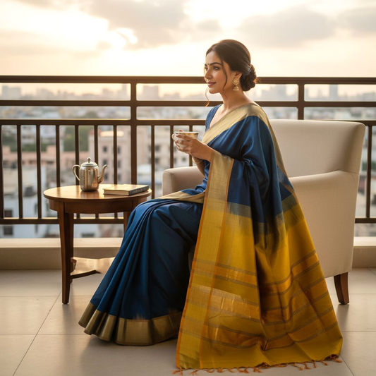 Venkatagiri Peacock Blue & Mustard Yellow Cotton Pattu Saree