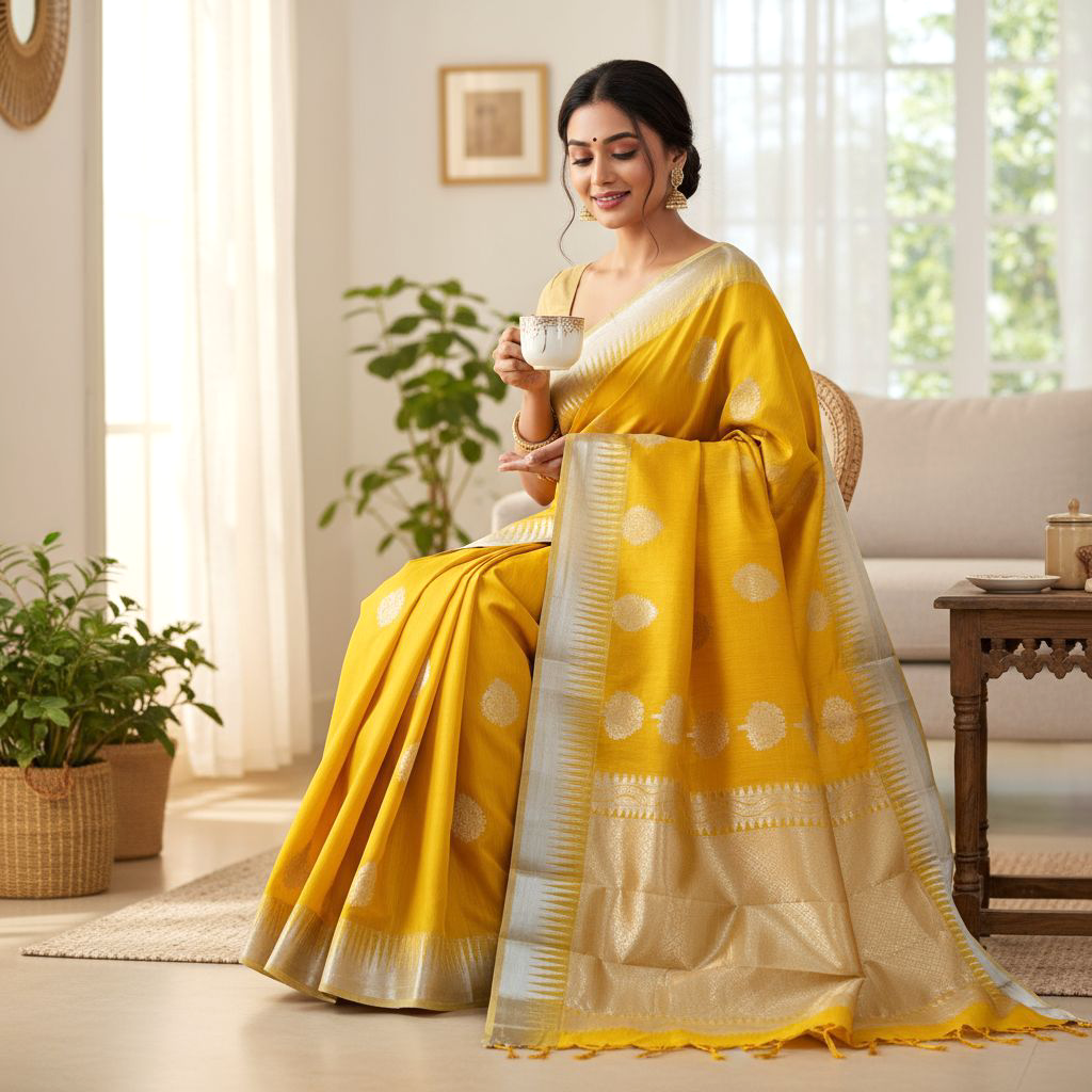 Mango Yellow Colour Handloom Cotton Saree