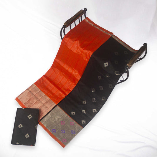 Venkatagiri Black & Orange Cotton Pattu Saree