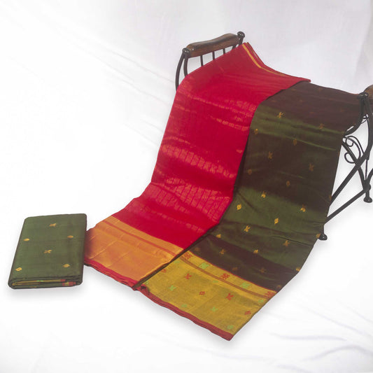 Venkatagiri Bottle Green & Red Cotton Pattu Saree