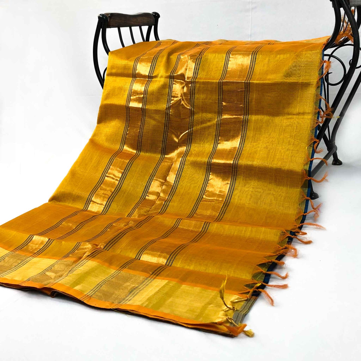 Venkatagiri Peacock Blue & Mustard Yellow Cotton Pattu Saree