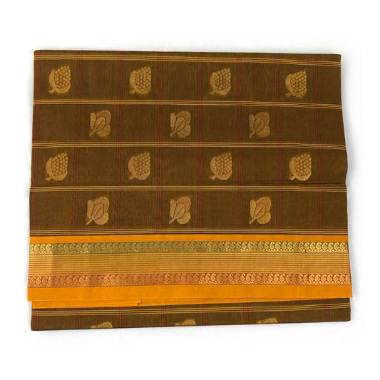 Venkatagiri Handloom Brown & Mustard Yellow Cotton Saree